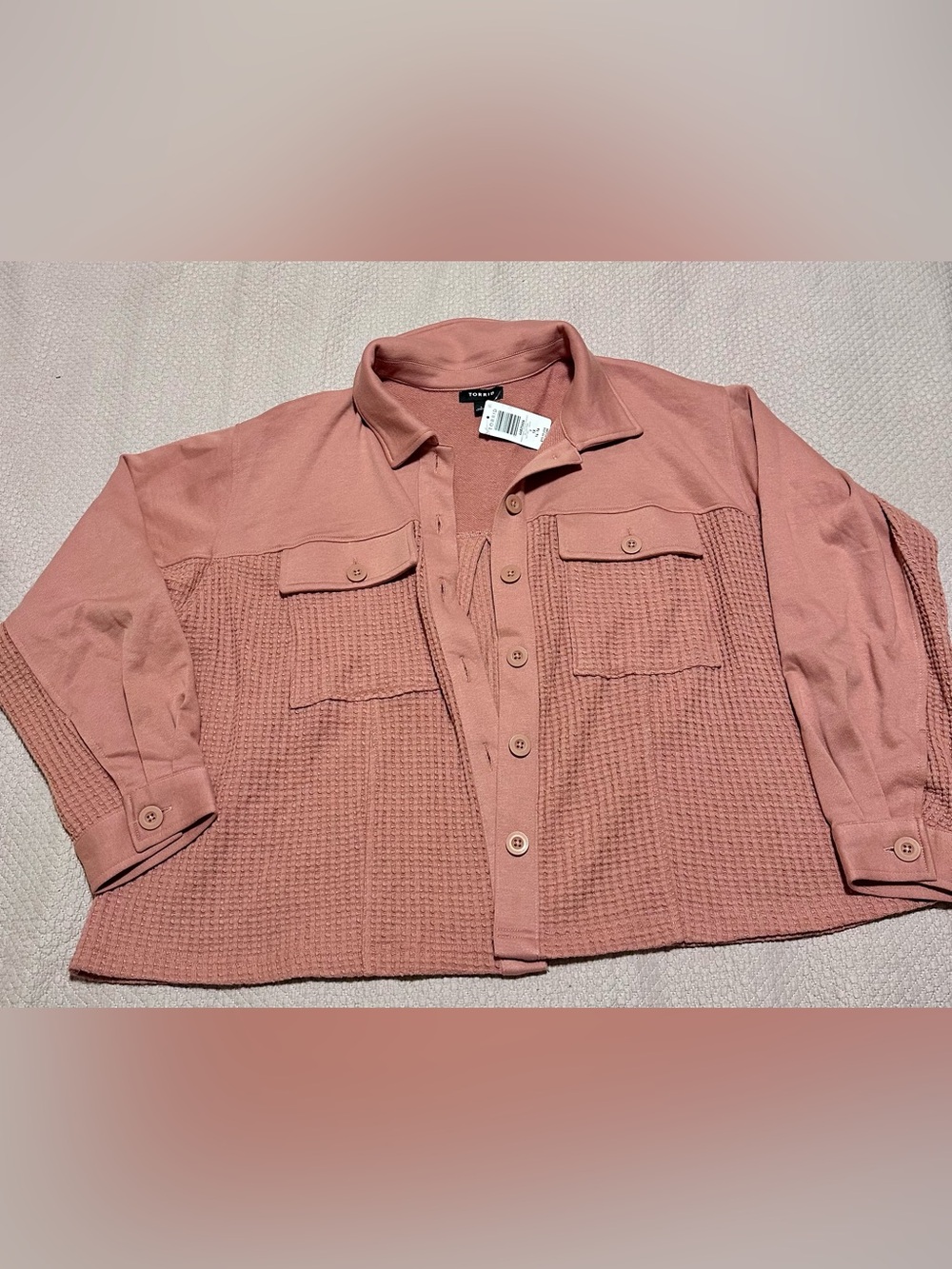 Plus size 0 torrid Waffle-Knit Button-Up Shirt Jacket in Dusty Rose
